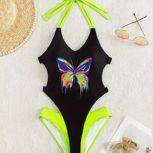 Black & Neon One-piece Swimsuit w/Trendy, Colorful Butterfly Design NWT